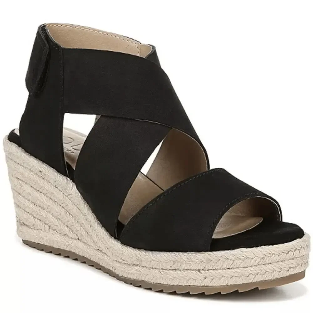 Soul Naturalizer Oshay Black Leather Espadrille Strappy Wedge Heel Sandal Size 6